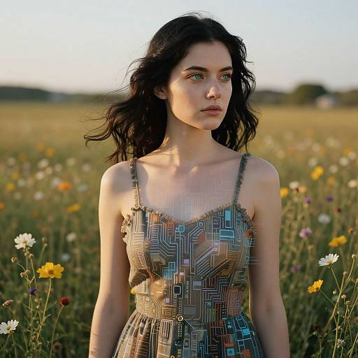 Photograph of a young woman with long dark hair, wearing a geometric-patterned dress, standing in a sunlit meadow with colorful wildflowers.