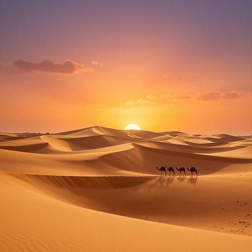 Photograph of a vibrant sunset over rolling orange sand dunes with four silhouetted camels in the foreground.