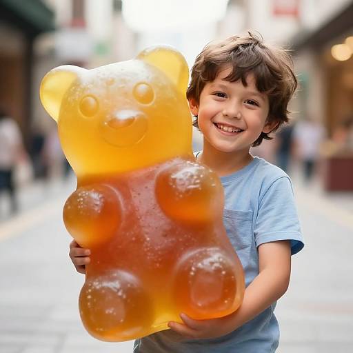 Photograph of a smiling young boy with brown hair holding a large, translucent orange bear-shaped lollipop in a sunny, blurred street.
