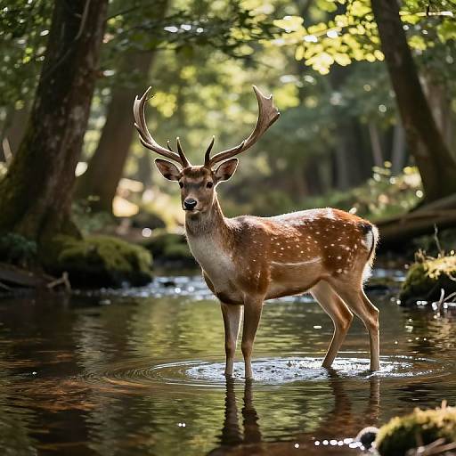 Photograph of a majestic deer with large antlers standing in a shallow forest stream, sunlight filtering through trees, creating a peaceful, natural scene.