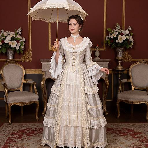 Photograph of a fair-skinned woman in an elaborate white Victorian dress with lace, holding a lace parasol, standing in an ornate, red