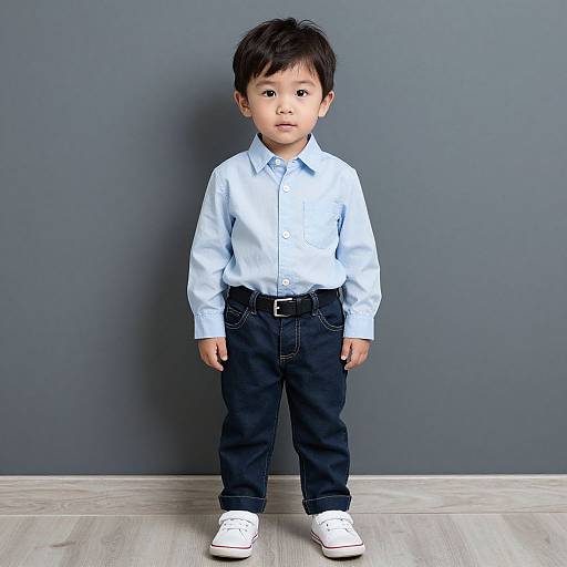 Photograph of an Asian toddler with black hair, wearing a light blue shirt, black jeans, and white sneakers, standing against a gray wall on light