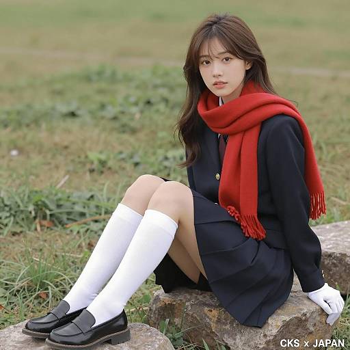 Asian Schoolgirl in Grassy Field