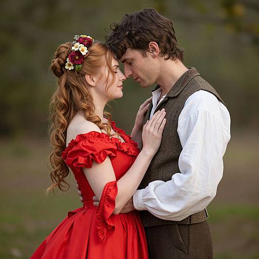 Photograph of a red-haired woman in a red off-shoulder dress and a dark-haired man in a white shirt and gray vest, intimately g