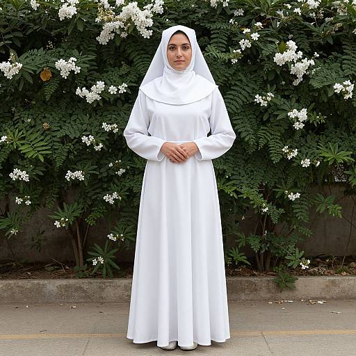 Photograph of a Middle Eastern woman in a white nun's habit standing in front of a lush green bush with white flowers.