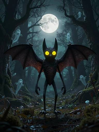 Digital artwork of a dark, bat-like creature with glowing yellow eyes, large red wings, and spindly limbs, standing in a spooky, moon