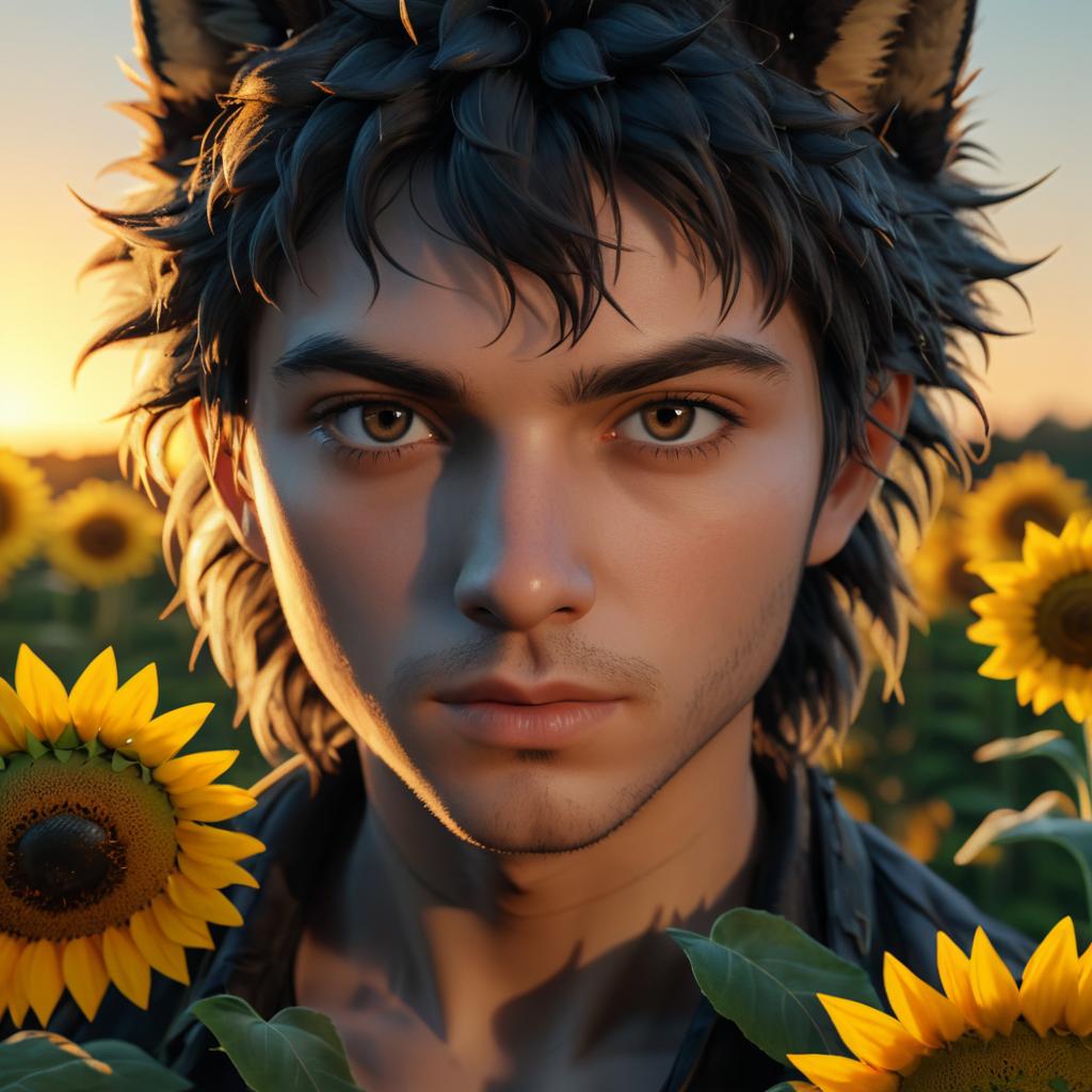 Serious Young Wolf with Sunflowers Portrait