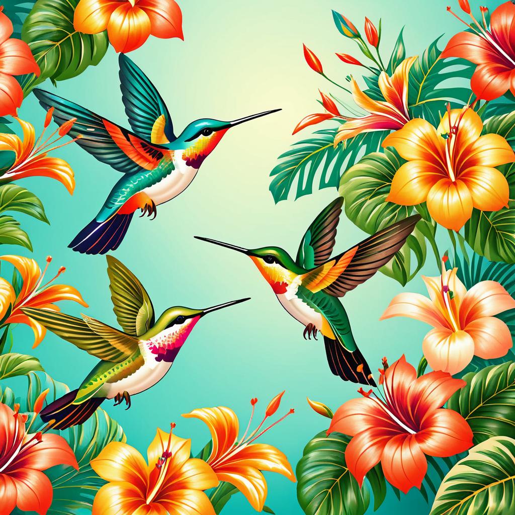 Vintage Hummingbirds Among Tropical Flowers