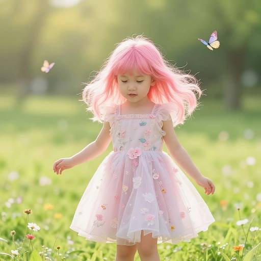 Photograph of a young Asian girl with pink hair, wearing a white floral dress, standing in a sunlit grassy field with butterflies.