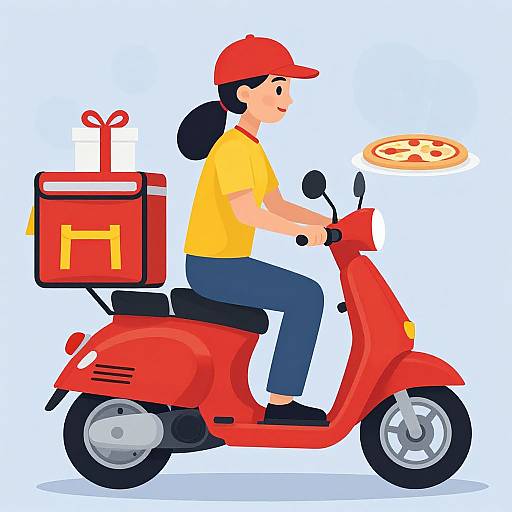 Digital illustration of a red-haired delivery person in a yellow shirt and red cap riding a red scooter with a pizza and red box.