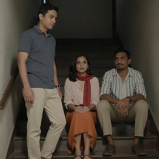 Three on Dim Staircase with Red Scarf