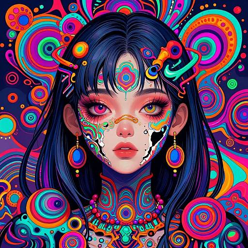 Digital art of a fair-skinned woman with black hair, vibrant pink and purple eyes, surrounded by neon-colored abstract patterns and circles. Her face features
