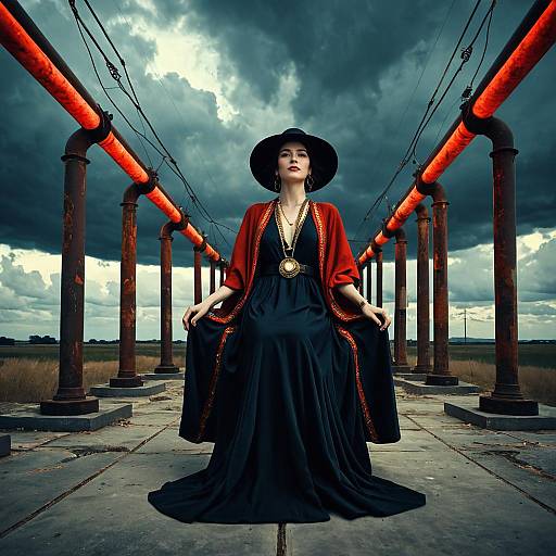 Fashionable woman in dramatic outdoor setting