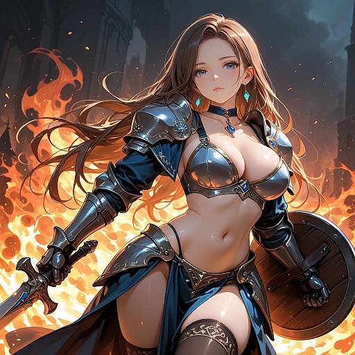 Female Warrior in Armor with Sword and Shield