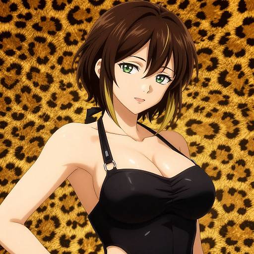 Digital anime-style drawing of a green-eyed, brown-haired woman with short hair, wearing a black halter top against a leopard print background.