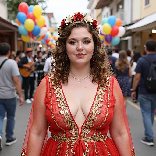 Photograph of a curvy, fair-skinned woman with curly brown hair, wearing a red, sheer, low-cut dress with gold embroidery, floral