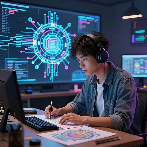 Photograph of a young woman with short curly hair, wearing headphones and a denim jacket, drawing on paper at a computer desk with vibrant, neon-l