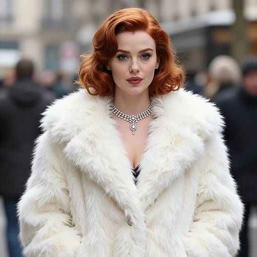 Photograph of a fair-skinned woman with red, wavy hair wearing a luxurious white fur coat, silver necklace, and black dress, standing confidently