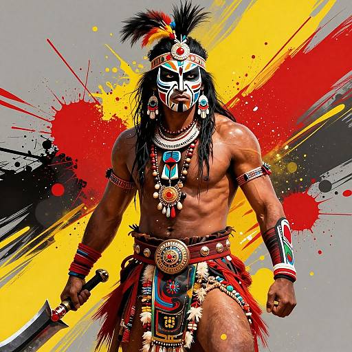 Photograph of a muscular Native American warrior with black hair, feathered headdress, and elaborate tribal attire, standing against a vibrant yellow and red splash