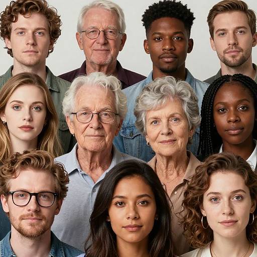 Photograph of diverse 12-person family group, including white, black, and mixed-race individuals, with varied ages, hairstyles, and expressions,