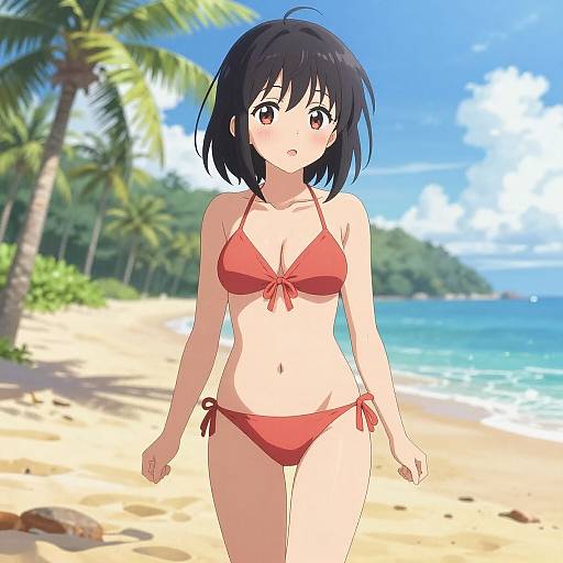 Anime-style digital drawing of a cute, young woman with short black hair, red bikini, and fair skin, walking on a sunny tropical beach with palm