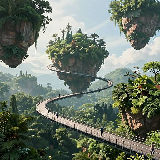 Digital artwork of a winding, elevated highway through lush, floating, tree-covered rock formations; three small figures walking on the road.