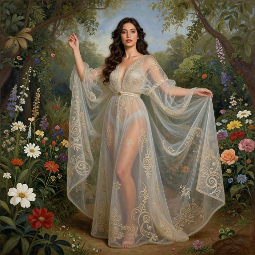 Digital painting of a fair-skinned woman with long dark hair, wearing a sheer, ornate white gown, standing in a vibrant, floral garden.