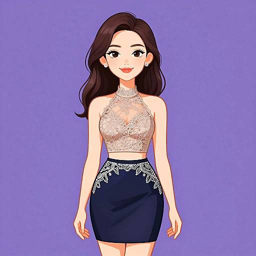 Digital anime-style drawing of a smiling woman with long brown hair, wearing a lace halter top and black lace-trimmed skirt against a purple background