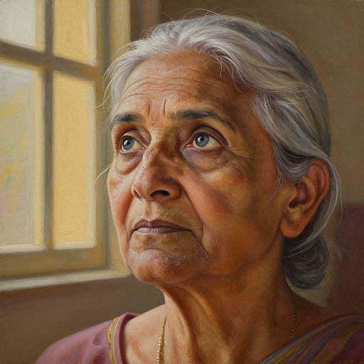 Photorealistic digital painting of an elderly woman with gray hair, deep wrinkles, and blue eyes, gazing upwards, sunlight filtering through a window.