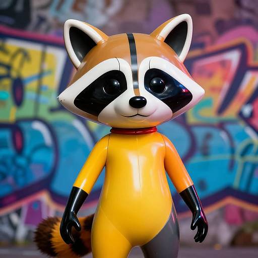 Photograph of a cartoonish, black-eyed, raccoon mascot in a shiny yellow suit with black gloves, standing against colorful graffiti background.