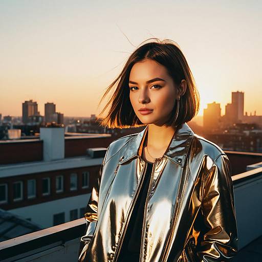 Young Woman with A-Line Bob Hairstyle in Metallic Jacket on Rooftop