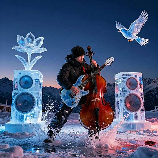 Photograph of a musician in black winter gear playing a double bass, surrounded by glowing ice speakers and a flying bird, against a snowy mountain twilight sky