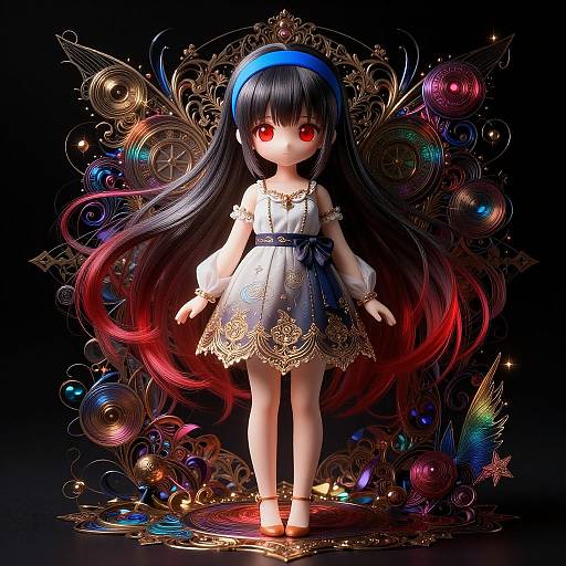 Digital art of a doll with long black hair with red tips, red eyes, white dress with gold embroidery, blue headband, standing on a reflective