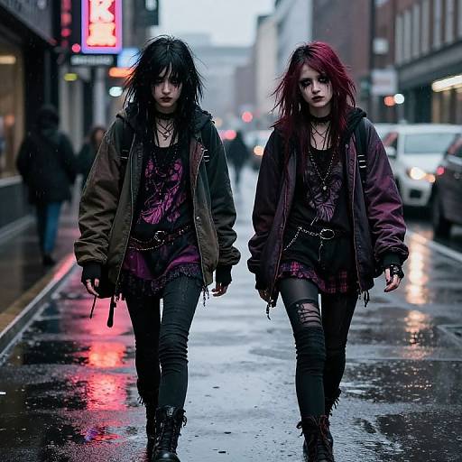 Photograph of two goth-style women with messy hair, black and red hair, dark clothes, and chains, walking on a rain-soaked city