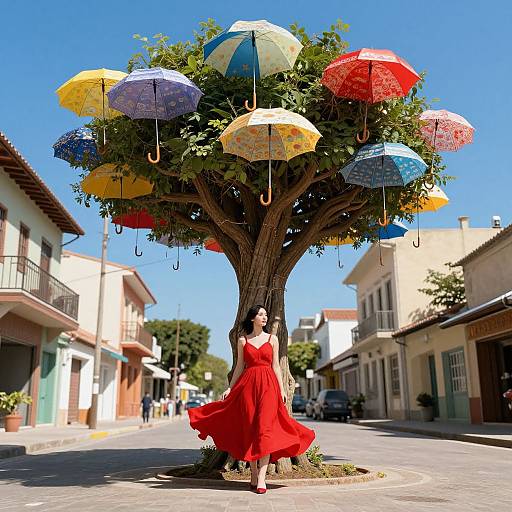 Photograph of a woman in a red dress spinning under a tree adorned with colorful umbrellas, set in a sunny, quaint street.