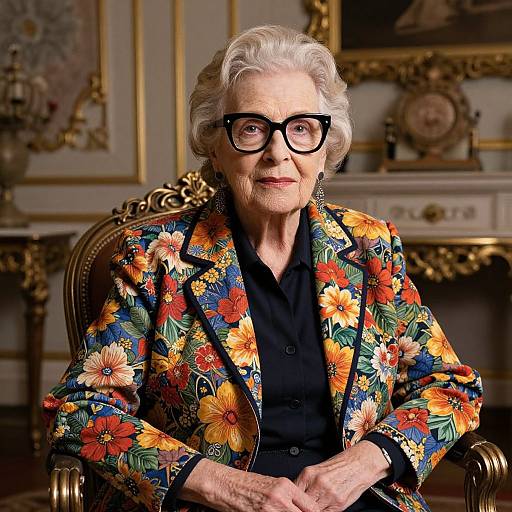 Photograph of an elderly white woman with short white hair, black glasses, floral jacket, black shirt, seated in ornate room.