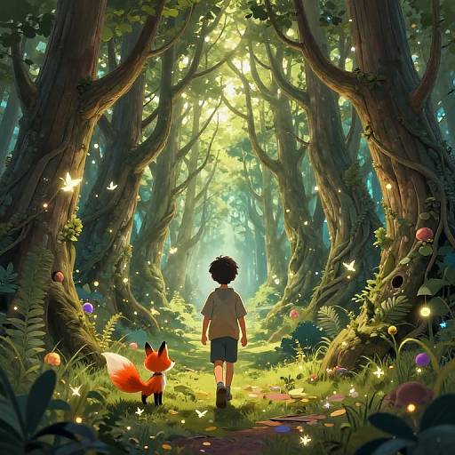 Digital art of a child with curly hair, shorts, and t-shirt, walking through a sunlit, enchanted forest with a fox, glowing fireflies