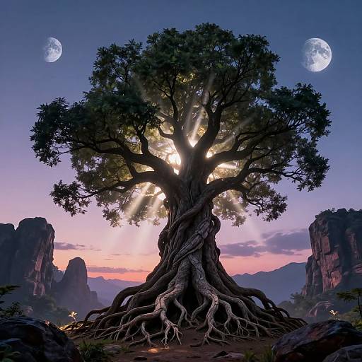 Photorealistic digital art of a majestic, sunlit tree with sprawling roots, set against a twilight sky with two full moons and rocky mountains.