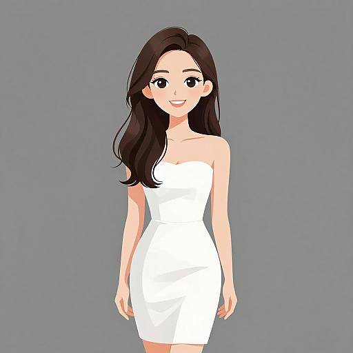 Digital anime-style illustration of a smiling woman with long black hair, fair skin, wearing a strapless white dress against a gray background.