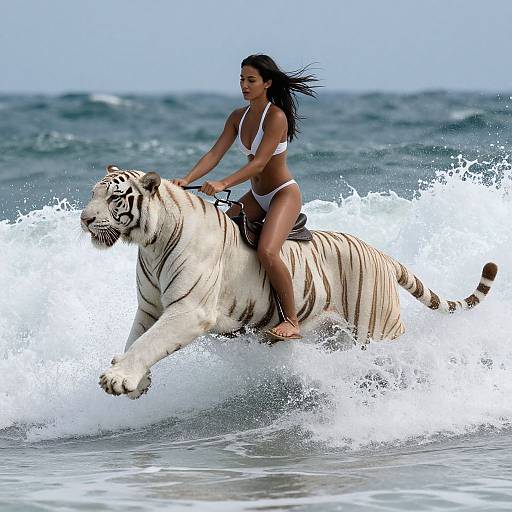 Photograph of a woman with long black hair riding a white tiger through ocean waves, wearing a white bikini, with splashing water around them against a
