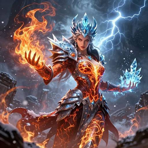 Digital fantasy artwork of a powerful female warrior with glowing ice and fire, wearing ornate armor, lightning in background, commanding elemental forces.