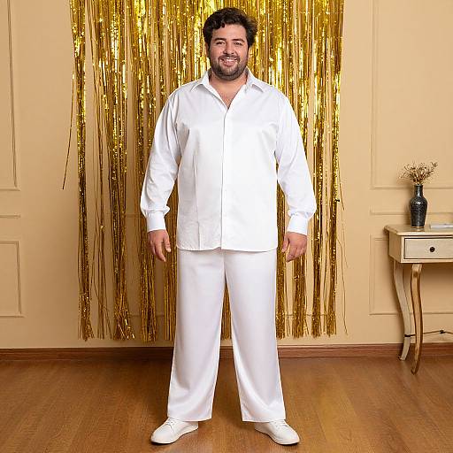Photograph of a smiling, bearded man in white shirt and pants, standing in front of gold tinsel backdrop, wooden floor, beige wall