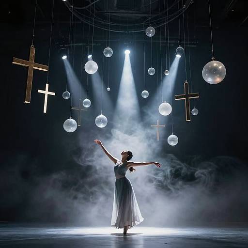 Photograph of a dancer in a flowing white dress, arms outstretched, illuminated by spotlights amidst hanging crosses and spheres on a dark stage.