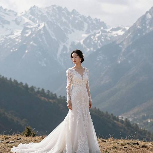 Photograph of a fair-skinned, dark-haired woman in an intricate, white lace wedding dress standing on a grassy mountain slope with snow-capped