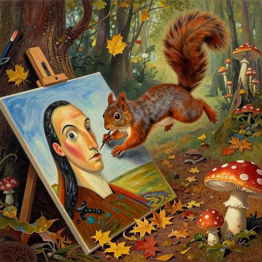 Surreal Squirrel Artist in Dreamy Forest