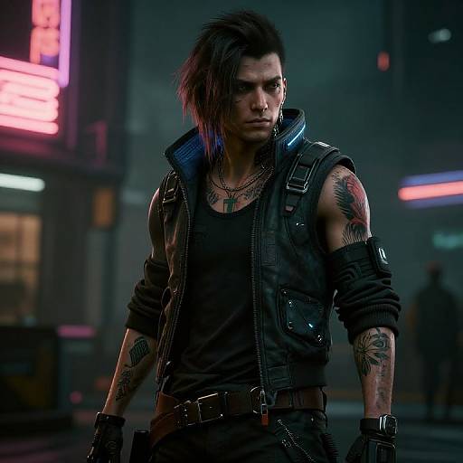 Photorealistic CGI of a tattooed, black-haired, muscular man in a black leather jacket, tank top, and gloves, standing in a neon
