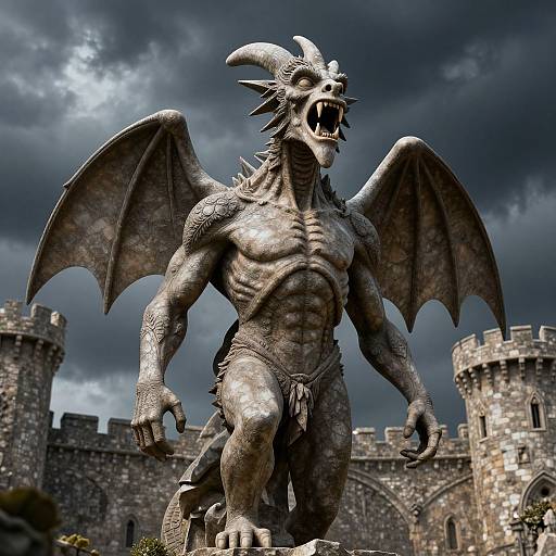 Photograph of a menacing, detailed stone dragon statue with large wings, sharp horns, and a roaring mouth, set against a stormy sky and medieval