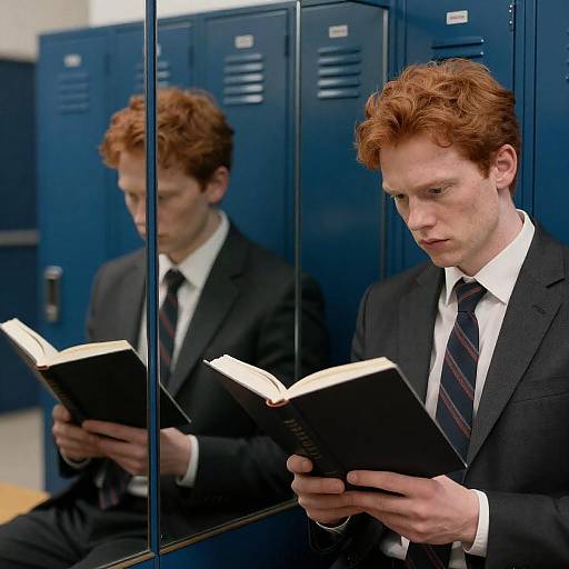 Red-Haired Man Reading by Blue Lockers