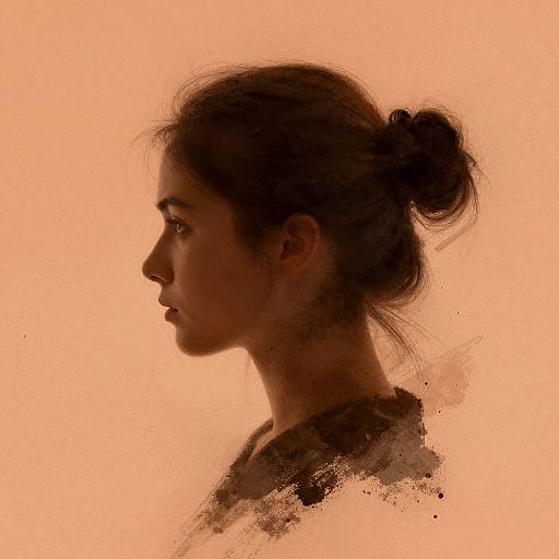 Silhouetted profile of a young woman with a messy bun against a warm orange background, showcasing delicate facial features and textured hair. Digital art with