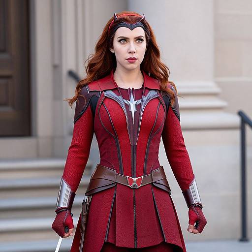 Photorealistic digital image of a determined woman in a red and black superhero costume, standing in front of a grand building.